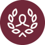 A laurel wreath icon in a maroon circle.