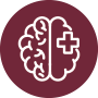 An icon of a brain and a cross in a maroon circle.
