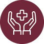 A hand holding a cross icon in a maroon circle.