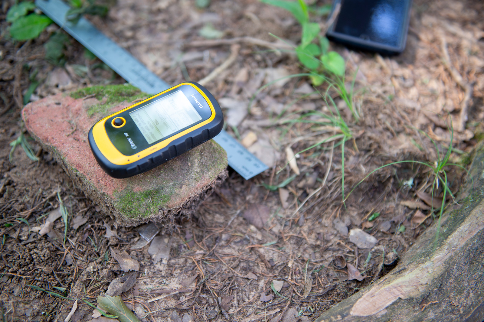 A gps device sitting on a log in the woods.