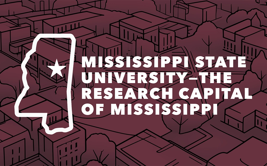 Illustration of a cityscape with the text "Mississippi State University—The Research Capital of Mississippi" and an outline of Mississippi featuring a star.