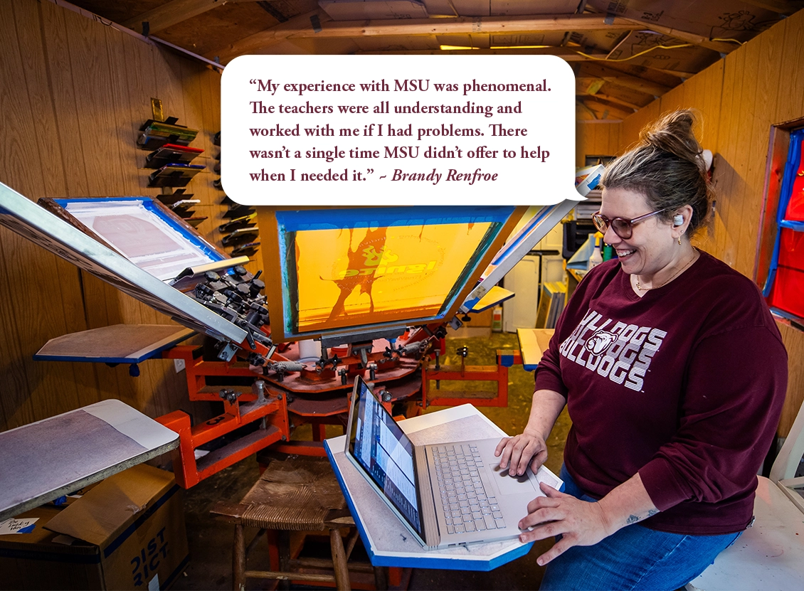 A woman in a maroon sweatshirt works on a laptop in a workshop. Text above her recounts her positive experience with "MSU" and the helpfulness of its teachers.