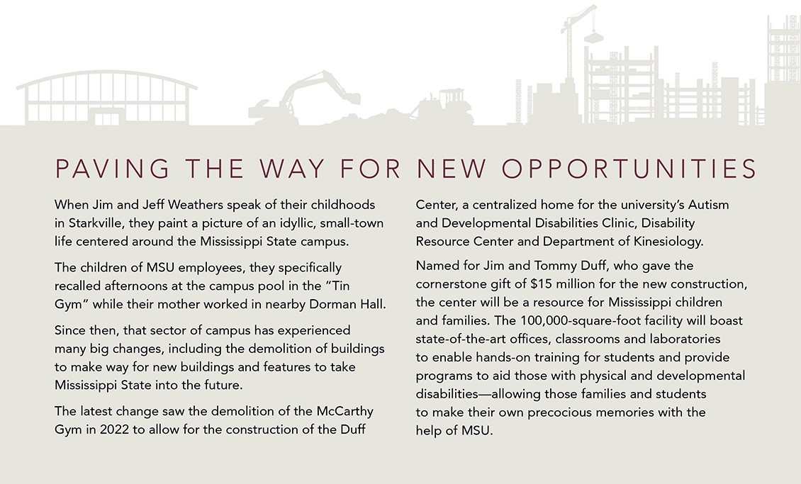 Paving the way for new opportunities

When Jim and Jeff Weathers speak of their childhoods in Starkville, they paint a picture of an idyllic, small-town life centered around the Mississippi State campus.

The children of MSU employees, they specifically recalled afternoons at the campus pool in the “Tin Gym” while their mother worked in nearby Dorman Hall.

Since then, that sector of campus has experienced many big changes, including the demolition of buildings to make way for new buildings and features to take Mississippi State into the future.

The latest change saw the demolition of the McCarthy Gym in 2022 to allow for the construction of the Duff Center, a centralized home for the university’s Autism and Developmental Disabilities Clinic, Disability Resource Center and Department of Kinesiology.

Named for Jim and Tommy Duff, who gave the cornerstone gift of $15 million for the new construction, the center will be a resource for Mississippi children and families. The 100,000-square-foot facility will boast state-of-the-art offices, classrooms and laboratories to enable hands-on training for students and provide programs to aid those with physical and developmental disabilities—allowing those families and students to make their own precocious memories with the help of MSU.