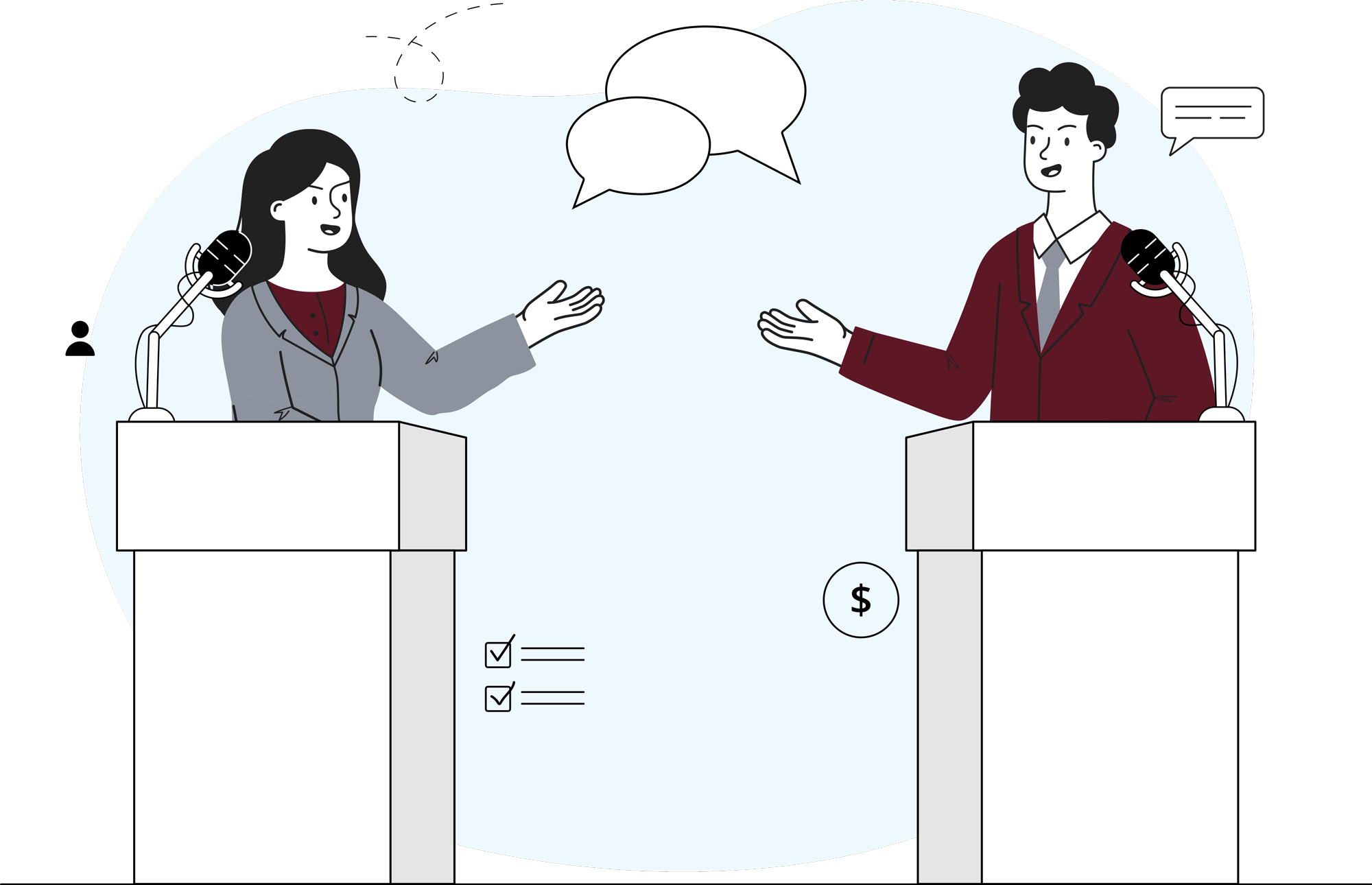 Two people standing at podiums engaging in a debate, with speech bubbles above them. One wears a gray suit, the other a red suit. Icons and checklists are in the background.