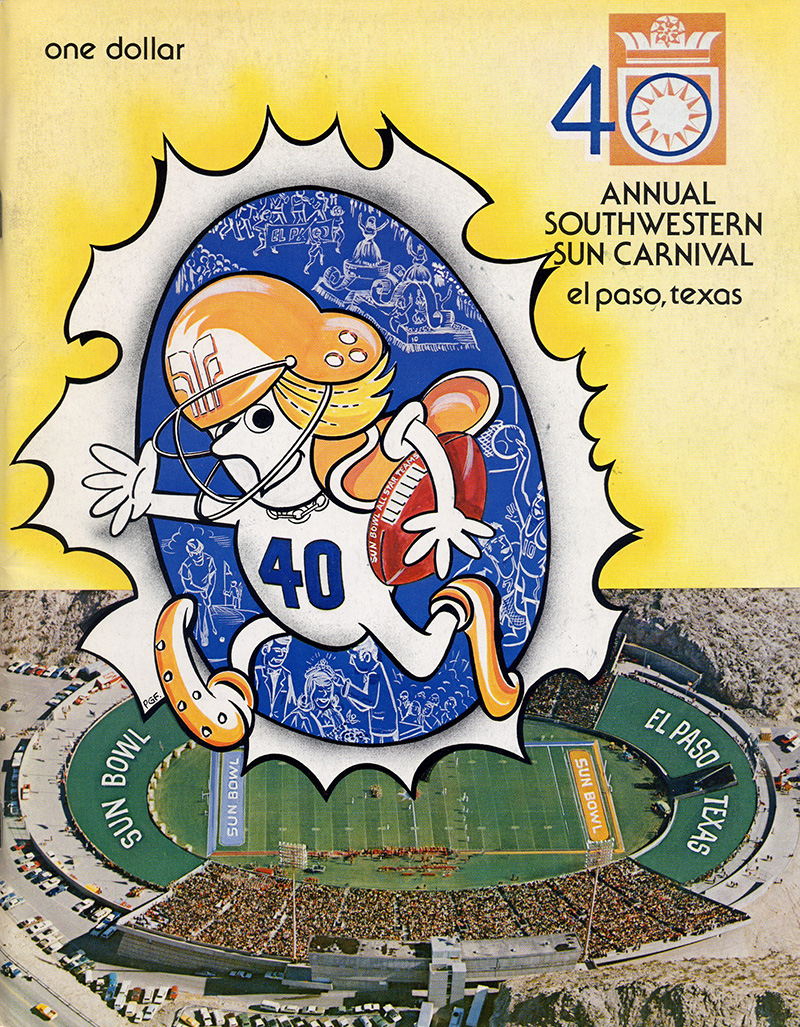 Illustrated football character bursting through paper, promoting the 40th Annual Southwestern Sun Carnival in El Paso, Texas, with a view of the Sun Bowl stadium below.