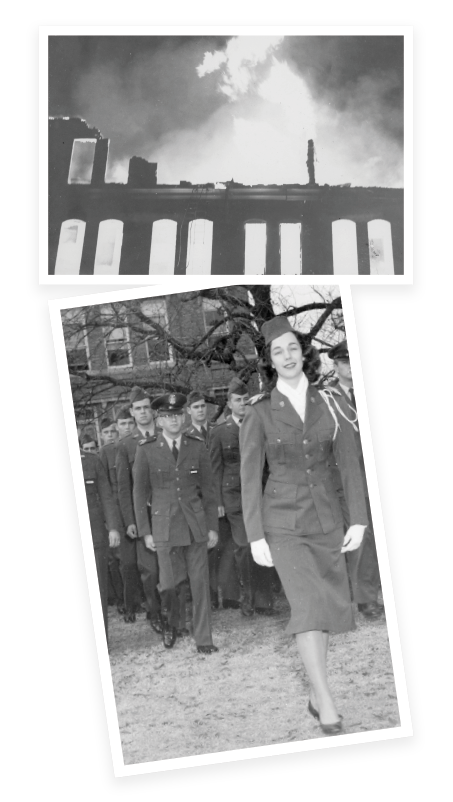 Top: A building with smoke and flames rising from the roof. Bottom: A woman in uniform walks in front of a group of uniformed men standing in formation outdoors.
