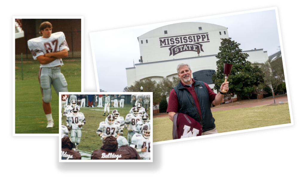 Three photos: a young football player in uniform number 87, a football team on the field, and an older man holding a cowbell in front of a Mississippi State University building.
