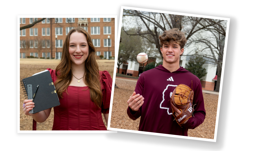 Two students pose outdoors; the girl holds a graduation cap and notebook, the boy wears a baseball glove and holds a baseball mid-air.