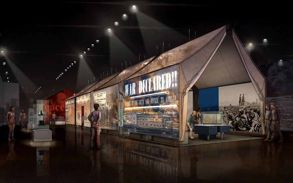 Museum exhibit featuring a large tent-like structure with "WAR DECLARED!" text, historical images, artifacts, and visitors observing displays under dim lighting.