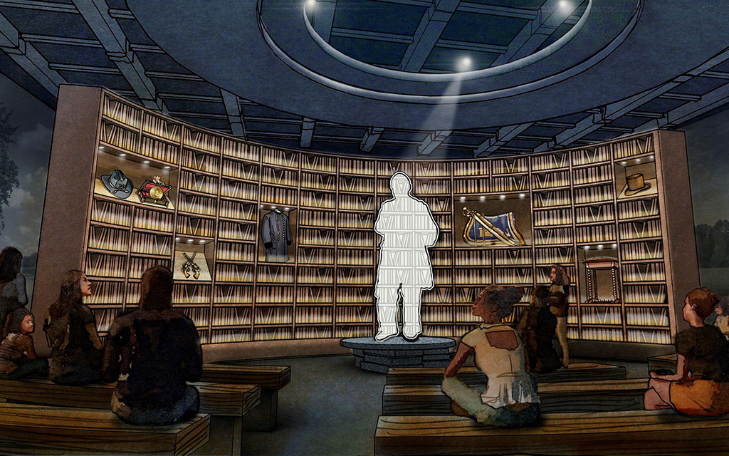 A circular room with bookshelves, display cases featuring artifacts, benches with seated people, and a central spotlighted statue of a standing figure.