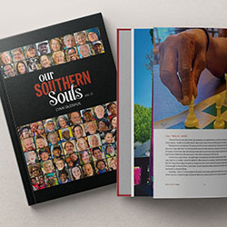Two books are shown. The closed book has a cover with many small portraits and the title "Our Southern Souls Vol. II." The open book displays a hand moving a chess piece.