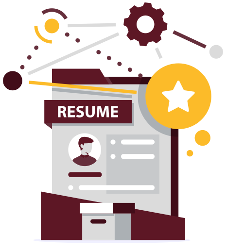 Illustration of a resume document with an avatar, text, and icons, surrounded by abstract shapes, gears, and a large yellow star symbol.
