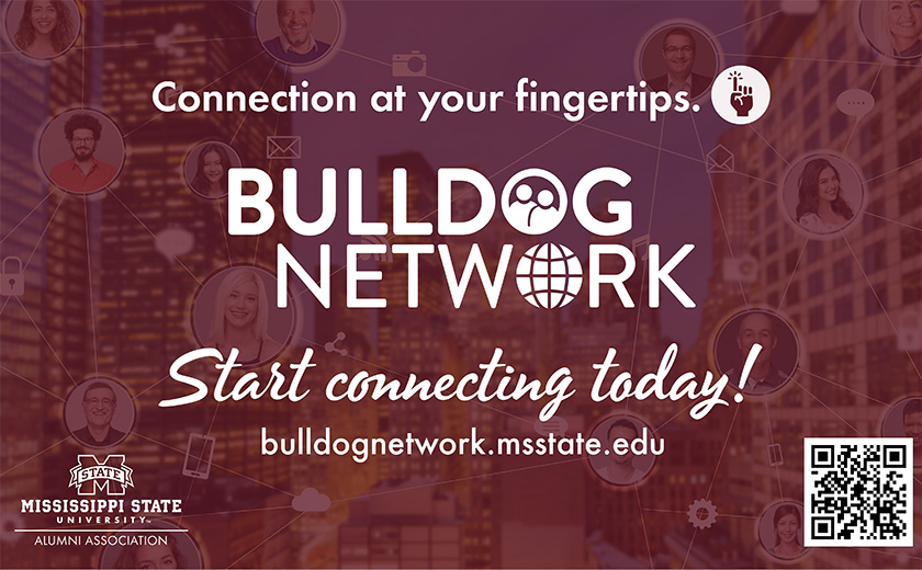 Mississippi State University's Bulldog Network invitation with cityscape, social icons, QR code, and web address for alumni to connect: bulldognetwork.msstate.edu.