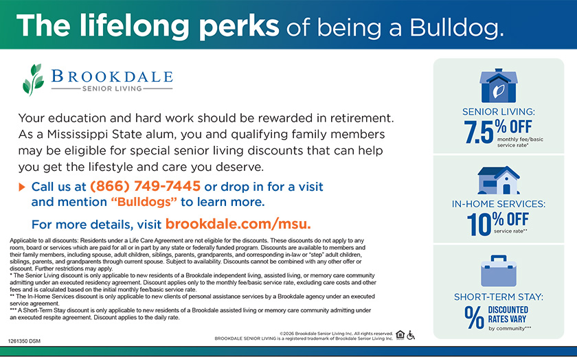 Brookdale Senior Living advertisement for Mississippi State alumni, highlighting discounts: 7.5% off senior living, 10% off in-home services, and discounted short-term stay rates.