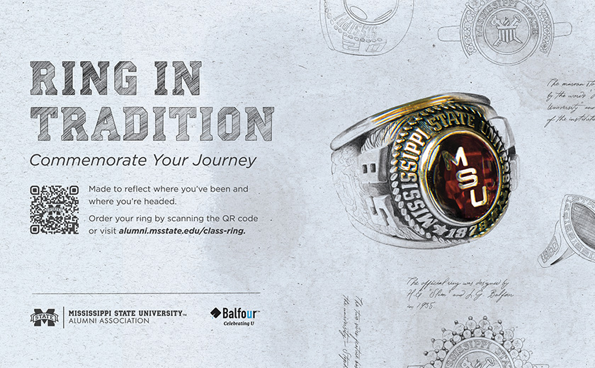 Close-up of a Mississippi State University class ring with “Ring in Tradition” text and ordering instructions, including a QR code and website link, on a gray background with ring sketches.