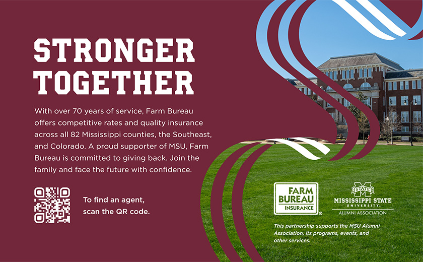 Promotional graphic for Farm Bureau Insurance and Mississippi State University Alumni Association with text, logos, QR code, and a university building in the background.