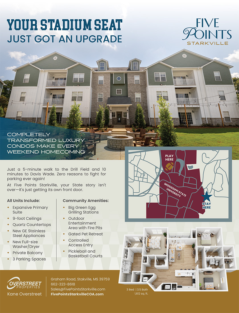 Exterior view of a luxury condo building with green lawn, plus a floor plan layout and promotional text for Five Points Starkville residences.