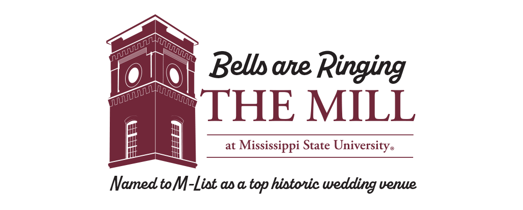 Logo for The Mill at Mississippi State University, featuring a building illustration and text stating it is named to M-List as a top historic wedding venue.