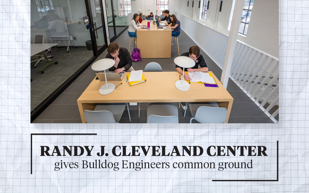 Students study and collaborate at tables in a modern, bright academic center labeled "Randy J. Cleveland Center gives Bulldog Engineers common ground.