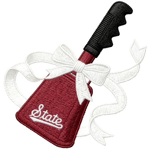 Embroidered image of a maroon cowbell with the word "State" on it, tied with a white ribbon, and a black handle.