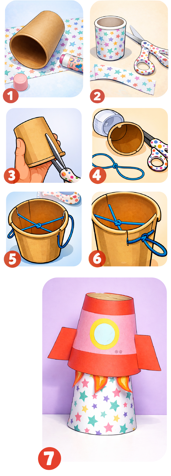 Step-by-step images show making a colorful paper rocket using a cardboard cup, tube, decorated paper, scissors, glue, and string. The final step displays the completed rocket craft.
