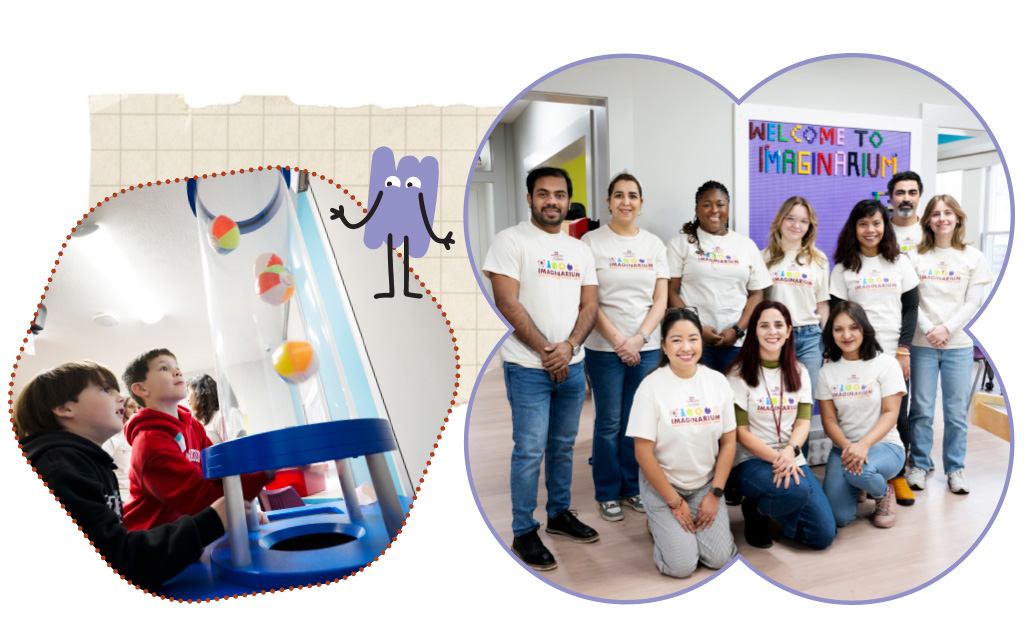 Two boys play with a STEM activity involving floating balls on the left; on the right, a group of adults pose together inside a room with a "Welcome to Imaginarium" sign.