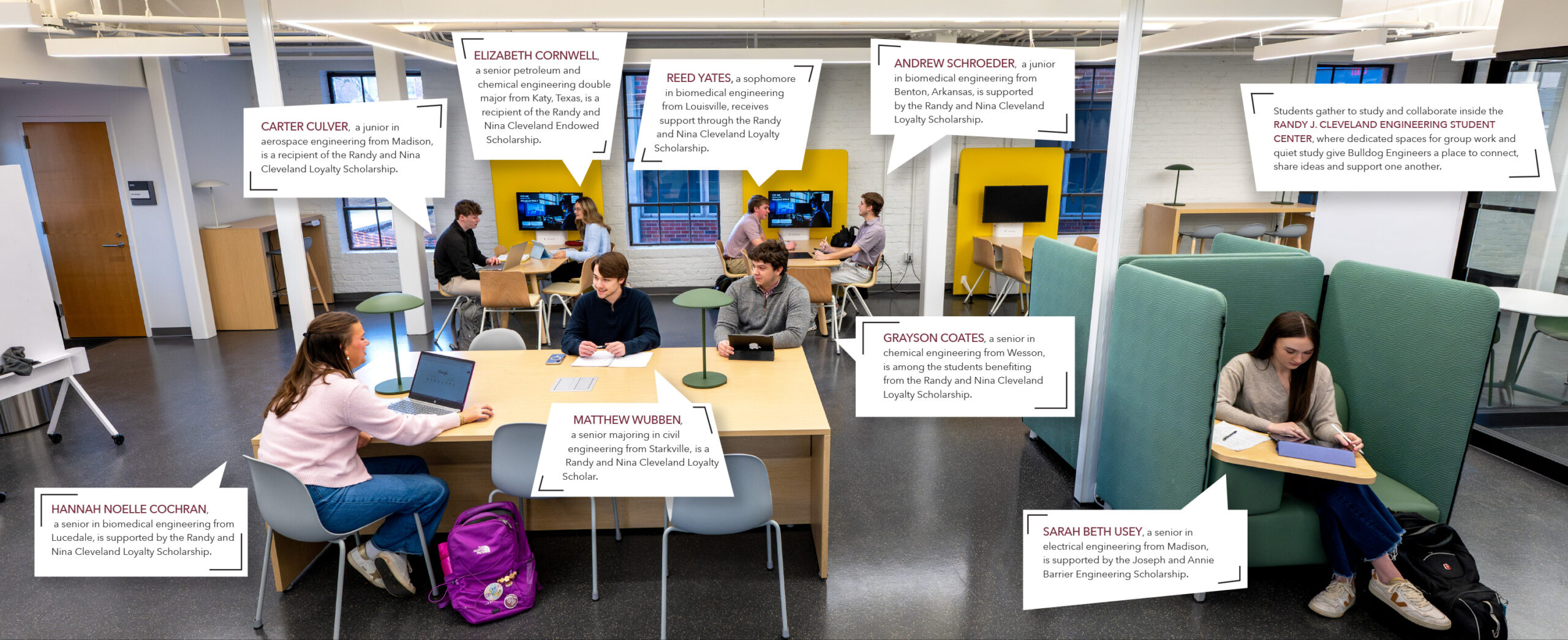 Students work individually or in groups at desks and lounge areas in a modern campus study space, with informational labels highlighting their majors and scholarships.