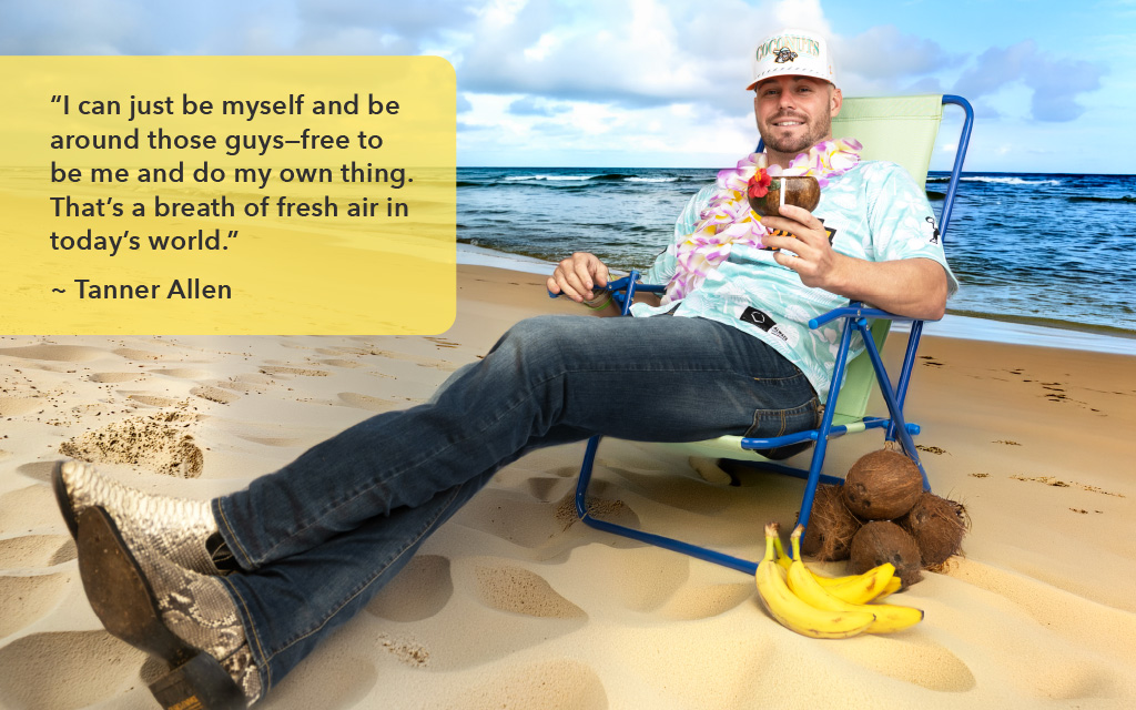 A man sits on a beach chair with leis, holding a coconut drink, surrounded by coconuts and bananas. A quote by Tanner Allen about authenticity appears beside him.