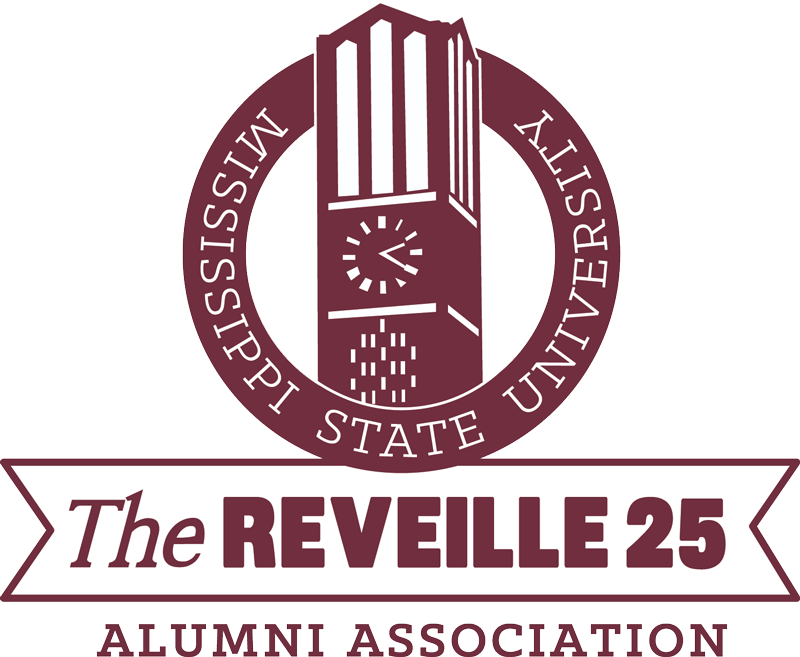 Mississippi State University Alumni Association logo with a clock tower and text reading "The Reveille 25 Alumni Association.