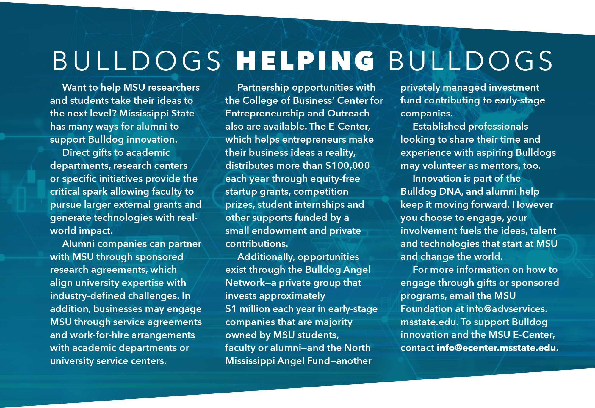 Informational graphic explains how Mississippi State University's E-Center supports student and alumni entrepreneurs with funding, resources, and business opportunities.