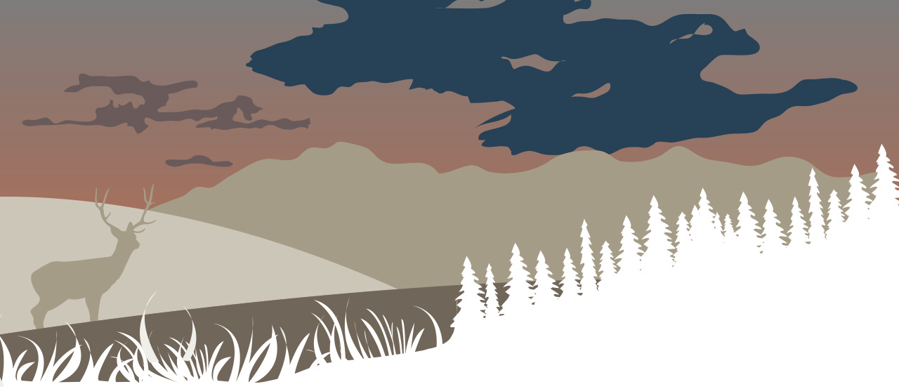 Silhouette of a deer standing in tall grass with pine trees, mountains, and dark clouds in the background at dusk.