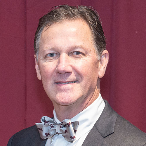 Man in a suit and printed bow tie stands in front of a plain maroon background, facing the camera and smiling slightly.