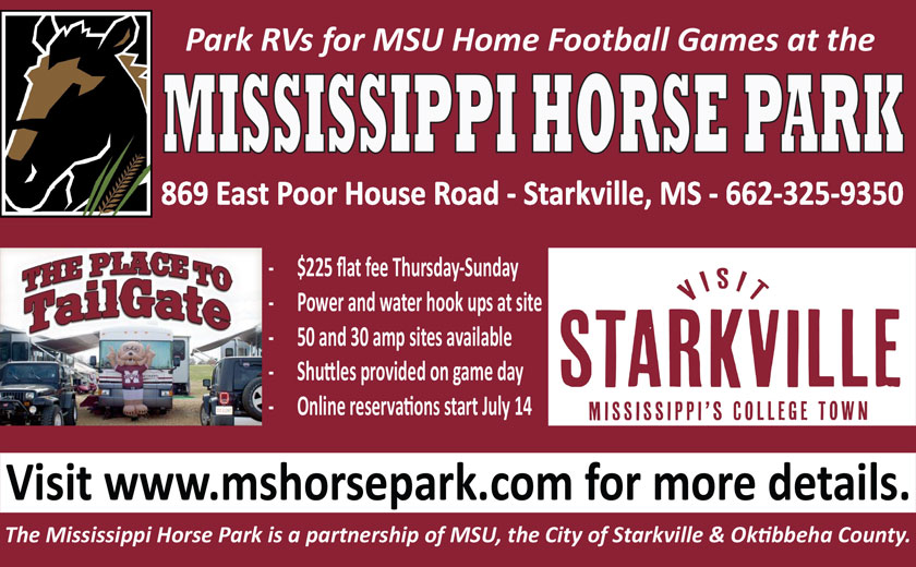 Advertisement for RV parking at Mississippi Horse Park in Starkville, MS, with details on tailgating, amenities, and reservation info for MSU home football games.