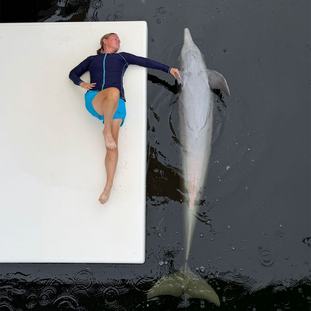 Person in swimwear lies on a white platform beside a dolphin in dark water, touching its side; raindrops create ripples on the water’s surface.