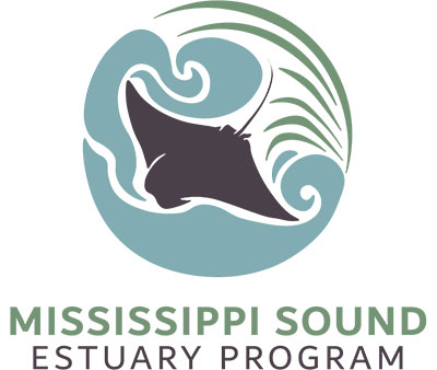 Logo for the Mississippi Sound Estuary Program featuring a stylized manta ray in circular blue-green waves with sea grass, and the program name below.