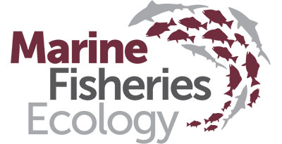 Logo showing the words “Marine Fisheries Ecology” with a swirl of fish silhouettes in varying sizes curving around the text.