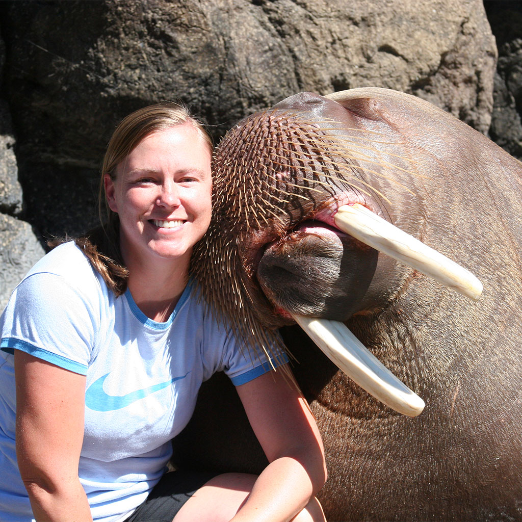 A woman in a light blue shirt sits closely next to a walrus with long tusks, both smiling in front of a rocky background.