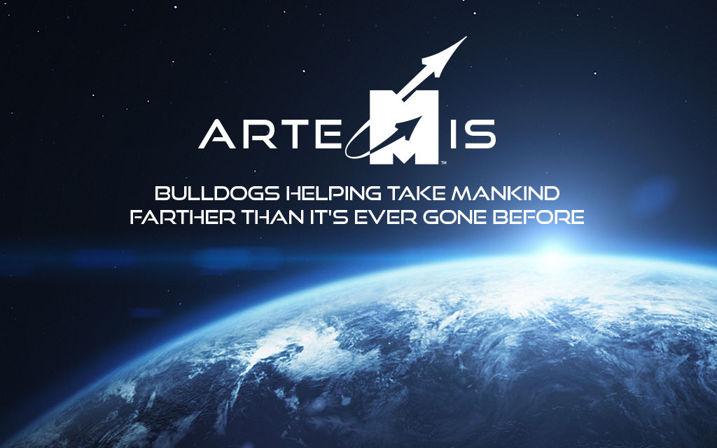 Logo with the word “Artemis,” a rocket, and text: “Bulldogs helping take mankind farther than it’s ever gone before” over an image of Earth from space.