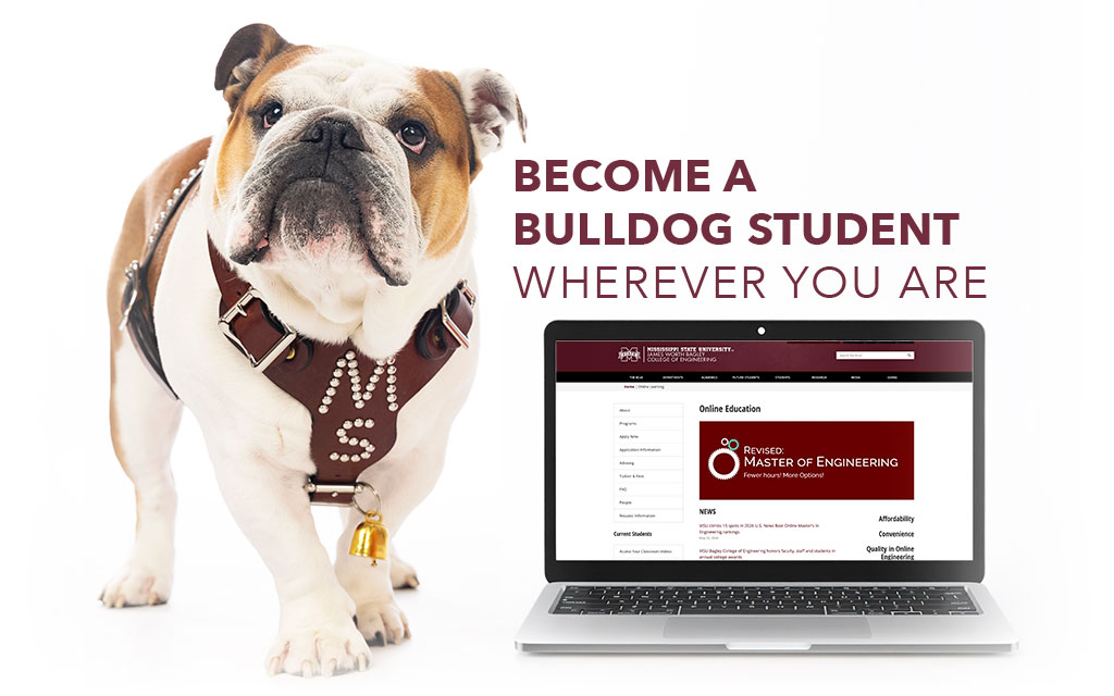 An English bulldog wearing a harness stands next to an open laptop displaying an online education webpage, with the text, “Become a Bulldog Student Wherever You Are.”.