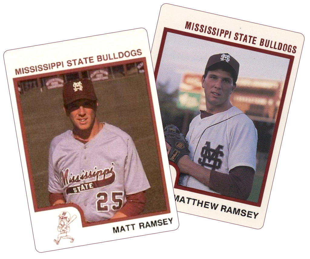 Two baseball cards show a Mississippi State Bulldogs player in uniform, named Matt Ramsey and Matthew Ramsey, each card featuring a different photo and pose.