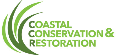Logo for Coastal Conservation & Restoration with green stylized grass on the left and the organization’s name in green bold text on the right.