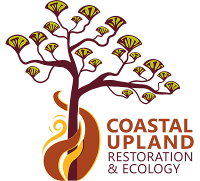 Stylized tree with yellow-green leaves above the text “Coastal Upland Restoration & Ecology” in brown and orange fonts.