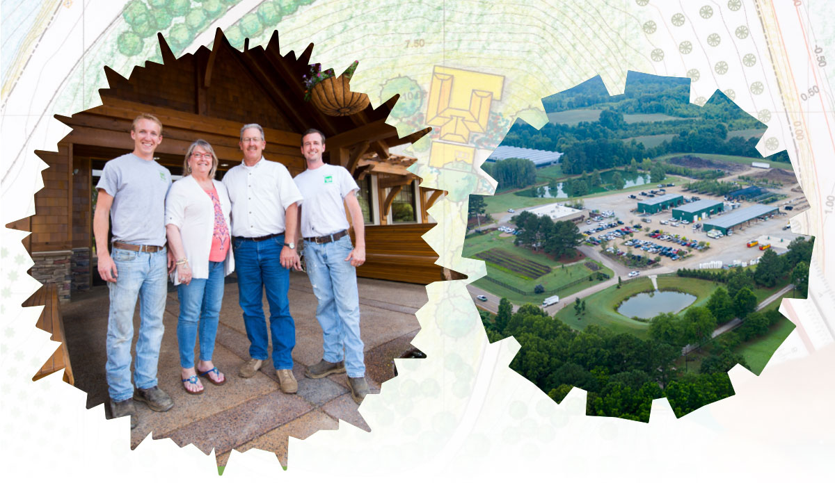 Four people stand outdoors on the left; on the right is an aerial view of a large building complex surrounded by trees, roads, and a pond.