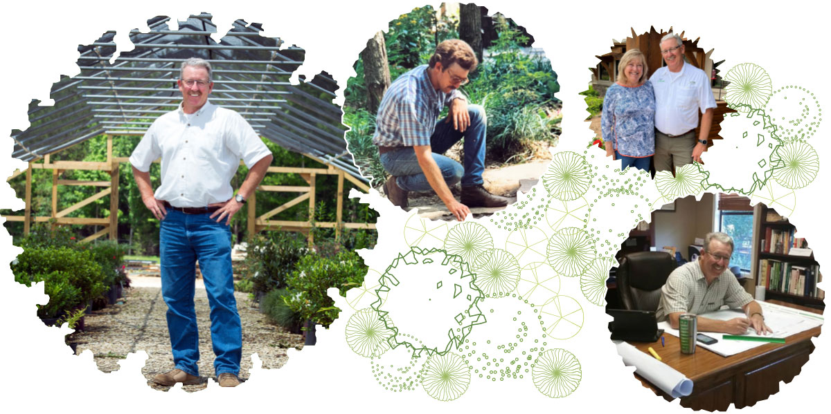 A man stands in a greenhouse, works outdoors, poses with a woman, and sits at a desk with papers and a coffee mug. Four photos are arranged with green graphic circles in the background.