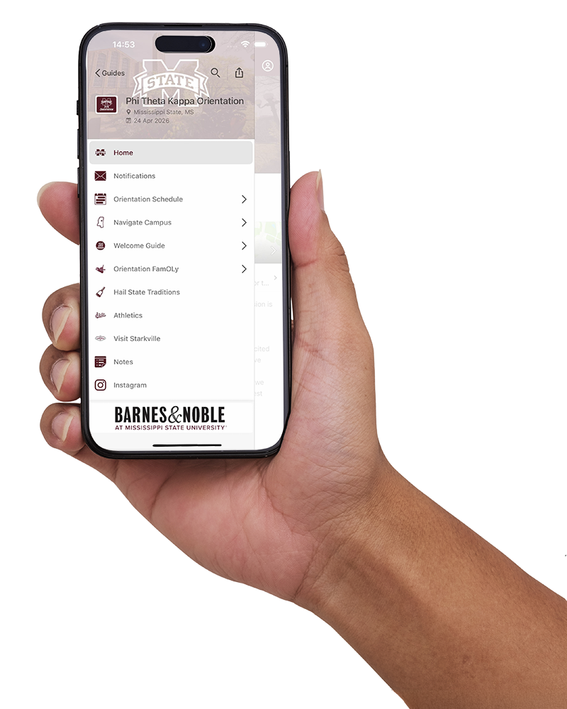A hand holds a smartphone displaying a university orientation app menu with options like schedule, traditions, and bookstore.