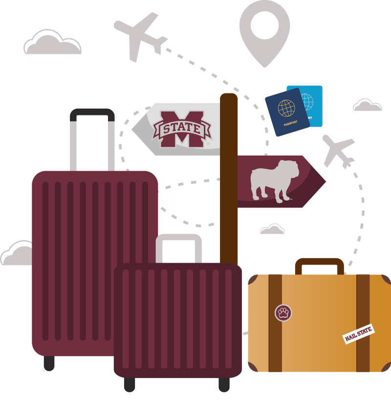 Three suitcases with travel icons, passports, airplanes, and a Mississippi State University sign with a bulldog symbol in the background.