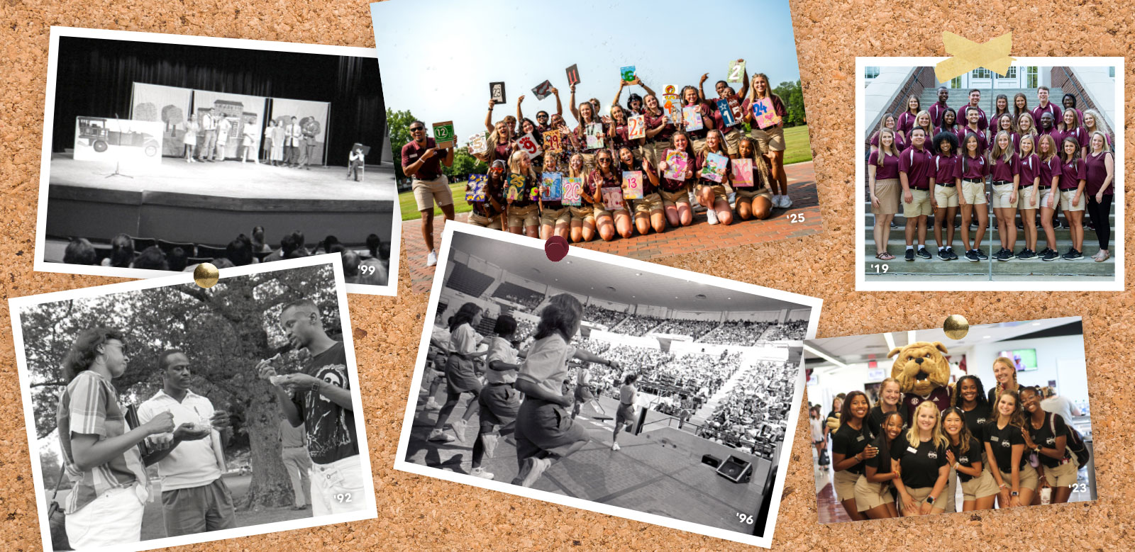 A collage of group photos and event scenes, including people posing, onstage performances, and outdoor gatherings, displayed on a corkboard with push pins.