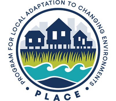 Logo featuring three houses on stilts, grass, and water, surrounded by text: “Program for Local Adaptation to Changing Environments PLACE.”.