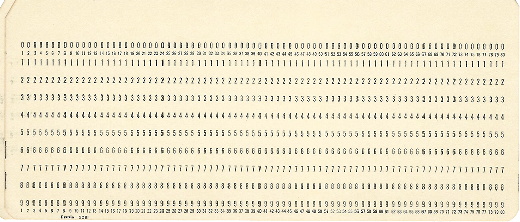 A vintage punched card showing 12 rows of numbers from 0 to 9, each number repeated in columns, used for early computer data entry and processing.